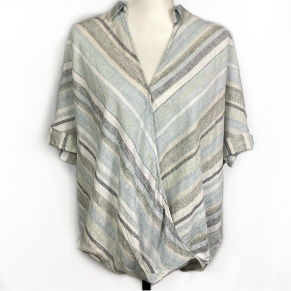 Loft Outlet Lounge Linen Blend V Neck with Mock Wrap Front Top Large
